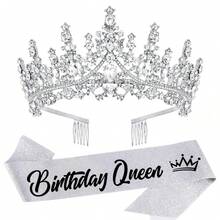 2PCS Birthday Queen Sash And Tiara Set, Rhinestone Crystal Crown With Combs, Birthday Party Event Accessories For Women - Multicolor - View 8