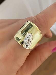 Creative Wide Band Luxury 18K Gold Plated Geometric Zirconia Ring For Women, Minimalist Fashion Ring For Evening Party - Gold - View 4