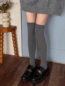 1 Pair Women's Ribbed Knit Thigh High Socks, Soft Stretch Thigh High Stockings, Cozy Preppy Socks For Fall Winter, School & Daily Wear - Multicolor - View 3