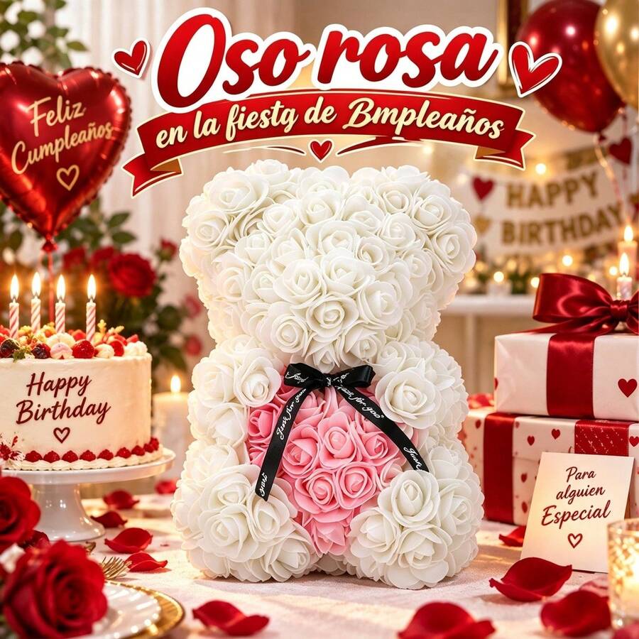 دب وردة اصطناعي مصنوع من مادة PVC بطول 25 سم لديكور المنزل، تمثال زهرة واقعي مع شريط زخرفي للطاولة والرف - أبيض - مشاهدة 1