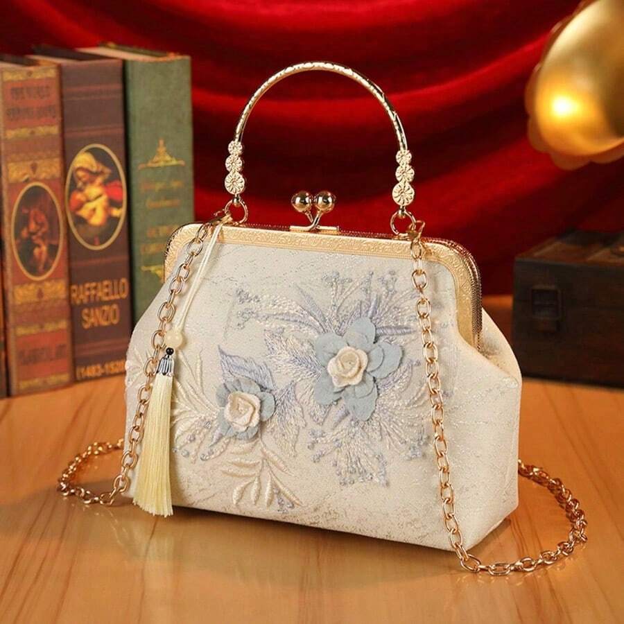 2pcs Vintage Elegant Metal Wallet Frame Handle With Buckle Lock - Fashionable Replacement Chain Set, Smooth Embossed Metal Handbag + 60cm Chain Crossbody, Bead Closure, Retro Style, Mouth Gold Bag Accessories, Handmade Fabric DIY - Multicolor - View 1
