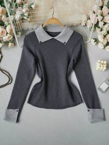 2026 Early Autumn New Colorblock Collared Knit Sweater Women's Elegant Ribbed Slim Fit Flattering Long Sleeve Base Layer Top Fall - Grey - View 8