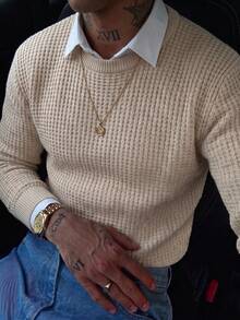 Men's Classic 7-Gauge Cable Knit Crew Neck Long Sleeve Sweater, Autumn/Winter - Apricot - View 4