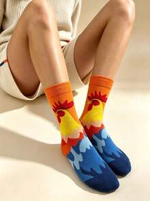 1 Pasang Kaos Kaki Jacquard Ayam Jantan Gradien Kreatif Setinggi Betis, Kaos Kaki Hewan Kartun Blok Warna, Kaos Kaki Panjang Unik dan Serbaguna, Unisex, Musim Gugur - MultiWarna - View 4