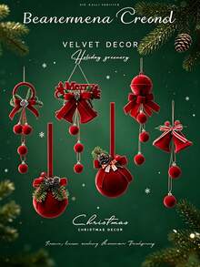 Christmas Red Cute Exquisite Bell Nordic Style Flocked Bow Hanging Ornament, Christmas Window Hanging Decoration - Red - View 1