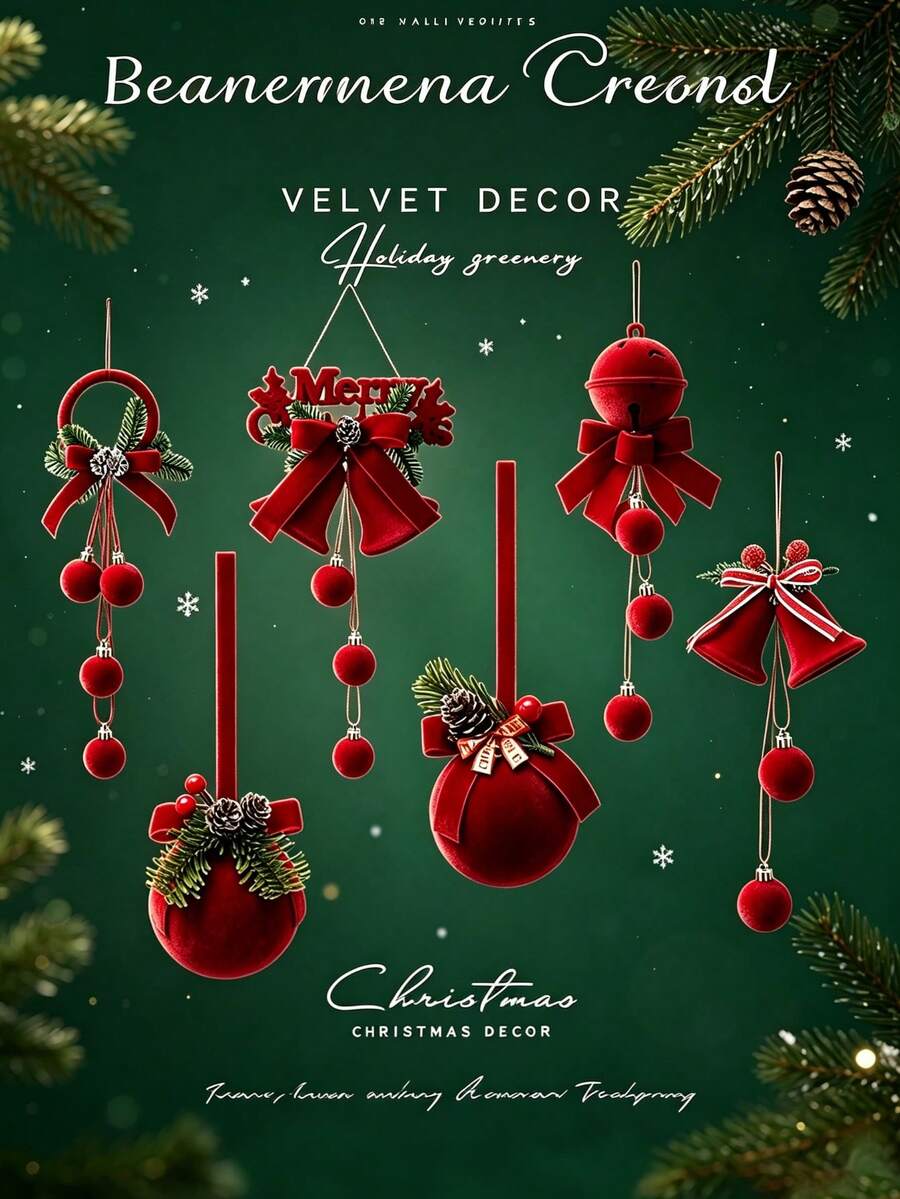 Christmas Red Cute Exquisite Bell Nordic Style Flocked Bow Hanging Ornament, Christmas Window Hanging Decoration - Red - View 1