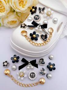 24件裝珍珠蝴蝶結鞋飾 DIY 可拆卸鞋子裝飾 ABS 鍊條鞋配件，適用於洞洞鞋、女款涼鞋、拖鞋、沙灘鞋，度假禮物 - 金色 - 查看 4