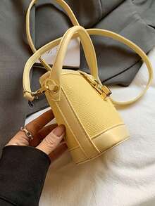1pc Girls Solid Color PU Zipper Closure Minimalist Bucket Bag, Handheld & Crossbody, Suitable For All Seasons Daily Use - A - View 5