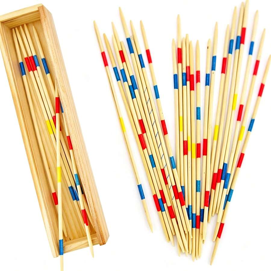 Mikado 拾棒遊戲附收納盒，經典木製派對遊戲，多人技巧旅行遊戲，成人禮物，家庭遊戲之夜，便攜式桌面遊戲，木棒，派對小禮