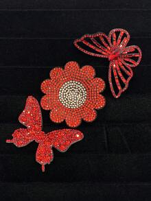 Set Of 3 Red Rhinestone Flower & Butterfly Fabric Patches, Hand-Sewn Shiny Crystal Appliques, DIY Decorative Accessories For Hats, Clothes, Dresses, Jeans - Red - View 4
