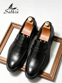 Salkin 奢华复古设计师男士套脚乐福鞋，格子软皮透气黑色尖头正装鞋，绅士商务社交鞋，男士日常办公派对婚礼鞋，情侣浪漫晚餐约会节日礼物返校学生鞋，学院风，适合所有季节，建议买大一码。 - 黑色 - 查看 2