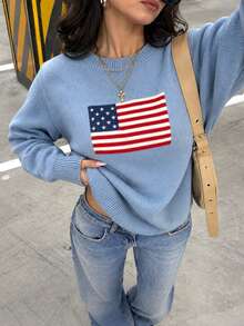 Sweater Wanita Terbaru untuk Hari Kemerdekaan, Leher Bulat, Warna Biru, Motif Bendera Amerika, Kerah Bergaris, Atasan Rajut Kasual Serbaguna untuk Pemakaian Sehari-hari - Biru - View 1
