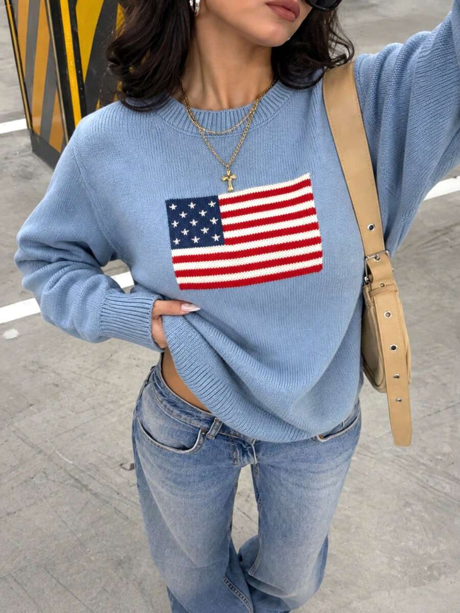 Sweater Wanita Terbaru untuk Hari Kemerdekaan, Leher Bulat, Warna Biru, Motif Bendera Amerika, Kerah Bergaris, Atasan Rajut Kasual Serbaguna untuk Pemakaian Sehari-hari - Biru - View 1