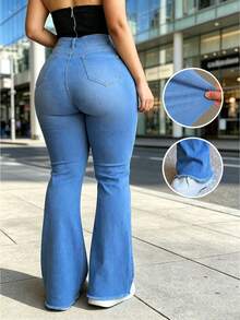 Women's Plus Size High Stretch Denim Flare Pants, With Pockets And Zipper Button Closure, Y2K Daily Wear Style - Blue - View 1
