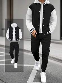 2pcs/Set Boys' Casual Outdoor Colorblock Commuter Comfortable Jacket And Sweatpants - Black - View 1