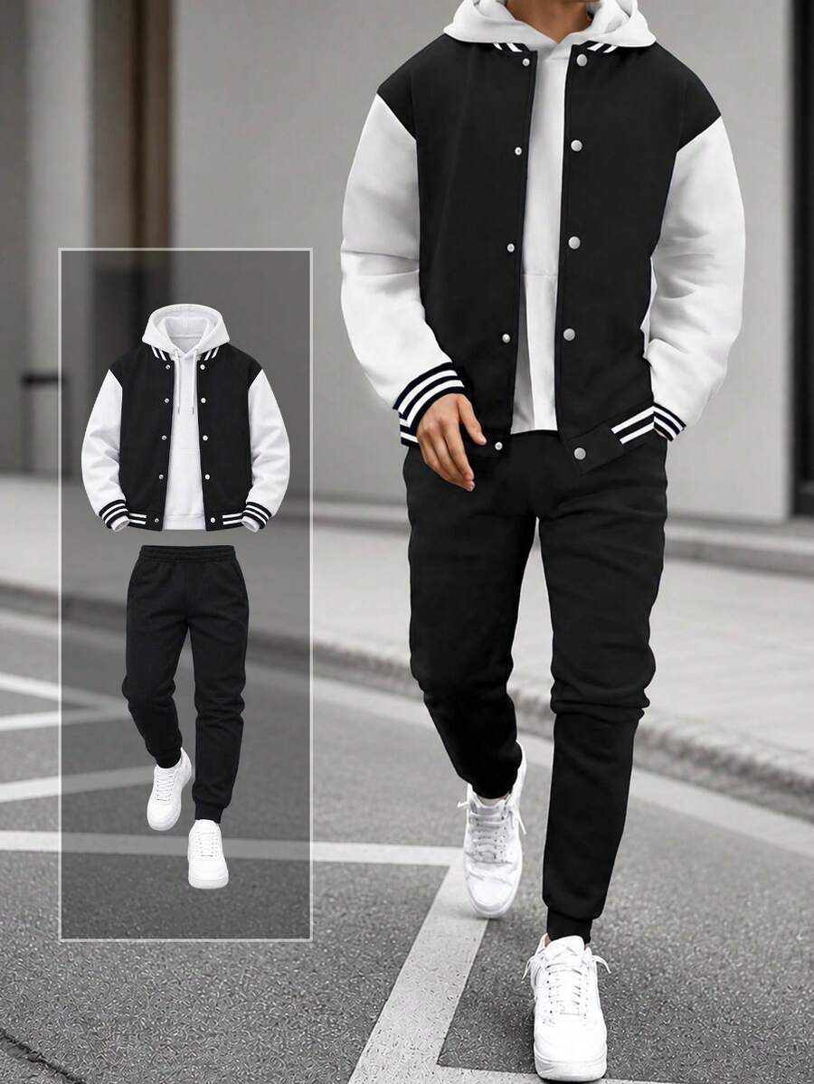 2pcs/Set Boys' Casual Outdoor Colorblock Commuter Comfortable Jacket And Sweatpants - Black - View 1