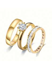 3pcs Elegant Cubic Zirconia Ring Set, Women's Wedding Anniversary Accessory Gift - 1# - View 2