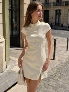 Women's Short Sleeve Floral Jacquard Dress, Chinese Style Fitted Wedding Guest Dress - Beige - View 4