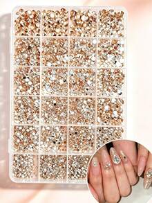 24 Grid Box Flat Back Rhinestones, Champagne Gold Multi-Size Crystal Nail Gems, Sparkling DIY Nail Art Decorations For Nail Salon & Home Manicure - Multicolor - View 1