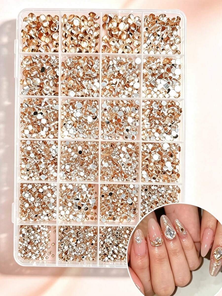 24 Grid Box Flat Back Rhinestones, Champagne Gold Multi-Size Crystal Nail Gems, Sparkling DIY Nail Art Decorations For Nail Salon & Home Manicure - Multicolor - View 1