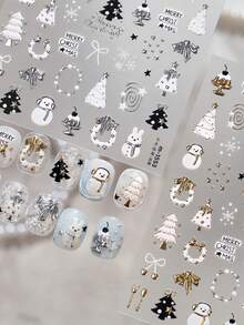 1pc Full Coverage 5D Embossed Metallic Nail Sticker, Christmas Snowman Rabbit Tree Wreath Bow Pattern, Glossy 3D Textured Nail Art Decor, Suitable For Christmas Party DIY Nail Art - Multicolor - View 10