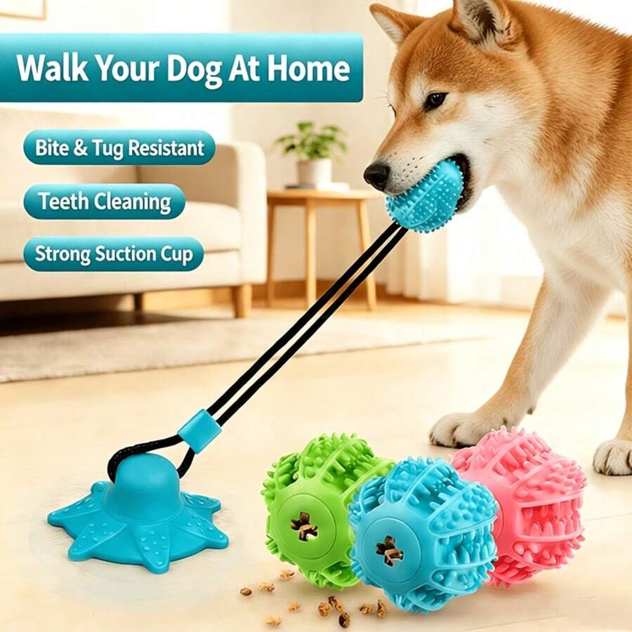 Mainan Tarik Anjing dengan Perekat Hisap, Bola Kunyah Peng dispensing Camilan dari TPR Tahan Lama dengan Tali, Mainan Interaktif untuk Anjing Kecil dan Sedang, Penghilang Kebosanan dan Mainan Peng dispensing Camilan