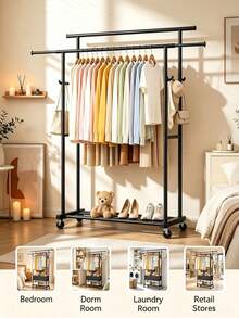 Double Rod Rolling Clothes Rack, Thickened Metal Frame, Double Hanging Rods, Movable With Bottom Universal Wheels, Simple Garment Storage Hanger For Home Bedroom Balcony - Multicolor - View 6