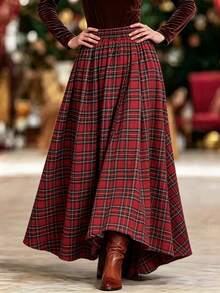 Minimalist Elegant Fashion Plaid Romantic Flared Skirt, Women's - Red - View 1