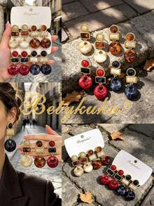 2pcs Bohemian Colorful Resin Round Teardrop Rhinestone Pendant Earrings, Daily Casual Outfit Accessory Gift - Small Round - View 6