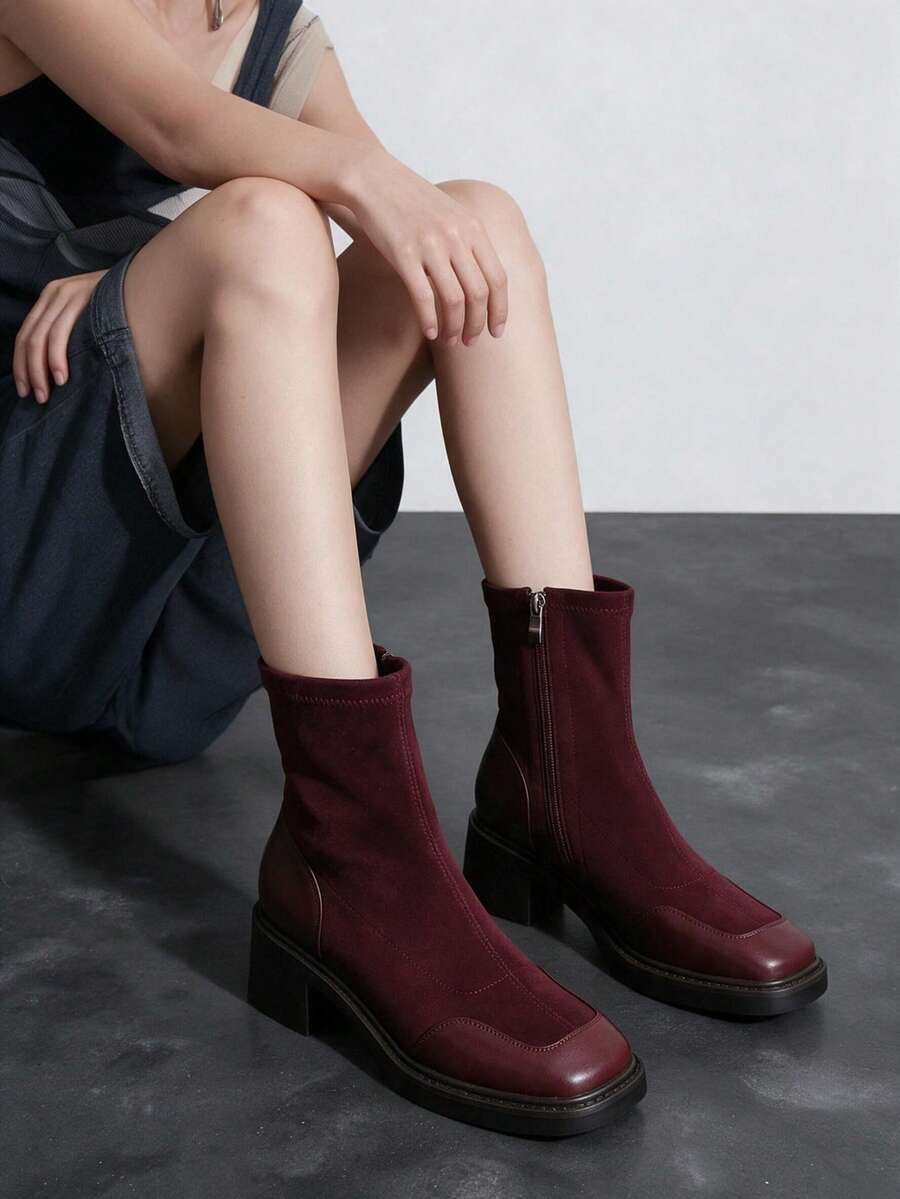 Women's Plus Size Square Toe Elastic Sock Ankle Boots, Chunky Heel Patchwork Retro High Heel Boots, Versatile Slip-On Ankle Boots For Daily Wear - Burgundy - View 1