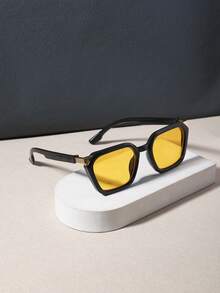 RENNES 1pc Men Retro Square Fashionglasses, Gold Inlay Decor Durable Light-Tinted PC Lenses, Stylish Design Eyewear For Travel Driving Vacation - Multicolor - View 4
