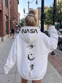 Women's White Long Sweatshirt With Print, Astronaut And Planet Graphic, Streetwear Pullover Sweatshirt - White - View 3