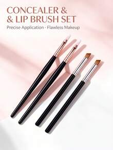 4pcs Professional Makeup Brush Set Soft Bristle Lip Brush + Angled Concealer Brush Precise Lip Line Definition Conceal Blemishes Dark Circles Beginner Portable Eye & Lip Makeup Tools - Black - View 6