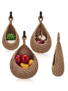 1/3/6piece Set Wall Mounted Woven Basket, Bohemian Style, Droplet Shaped, Suitable For Vegetable, Fruit, Kitchen Storage Basket, As Well As Holiday Decoration, Kitchen Storage Bag, Hanging Storage Basket, Storage Bag, Kitchen Decoration Storage Bag - Multicolor - View 2