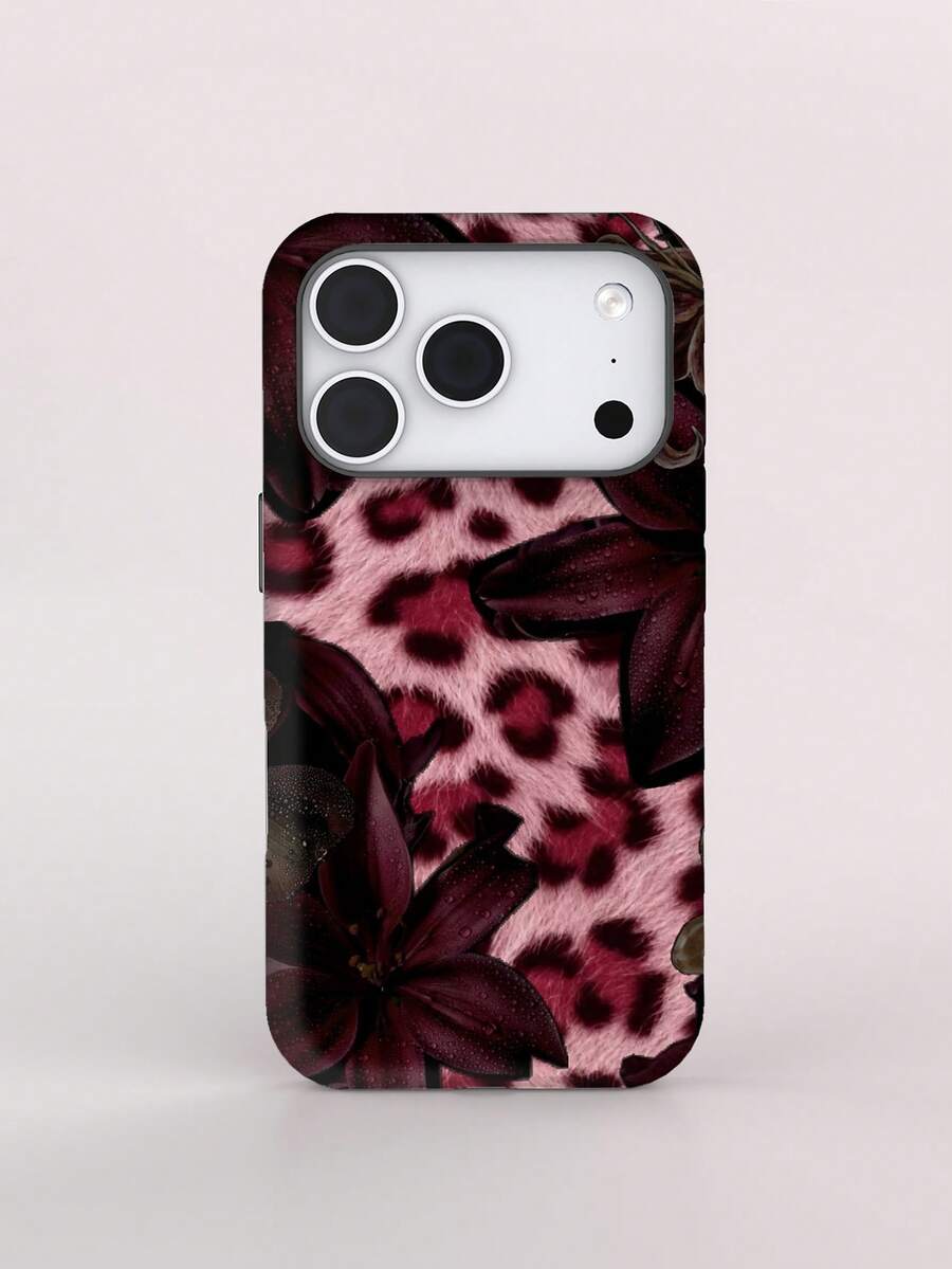 KOOLIFE Artistic Leopard Print, Graffiti Style Phone Case, Compatible With IPhone 18 Pro Max, 17 Pro Max, 16 Pro Max, 15 Pro Max, 14, 13, 12, 11 - Dark Red Floral and Leopard Print - View 1
