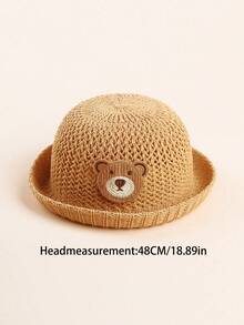 1pc Breathable Knitted Cartoon Bear Decor Sun Hat For Infant Toddlers Boys Girls 0-18 Months, Spring Summer Autumn - Khaki - View 2