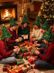 10pcs Creative Christmas Tree Hat & Red Nose Set, Gold Sequin Christmas Tree Hat Set (Includes Christmas Hat And Clown Nose), Suitable For Christmas Decoration, Holiday Costume, Tree Topper Hat, Party Decor, Christmas Gift, Christmas Stocking Filler, Photo Props - Multiple Styles - View 6