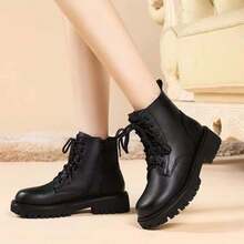 Women's British Style PU Material Boots Flat Sole Spring Autumn Boots New Thick Sole Ankle Boots - Black - View 3