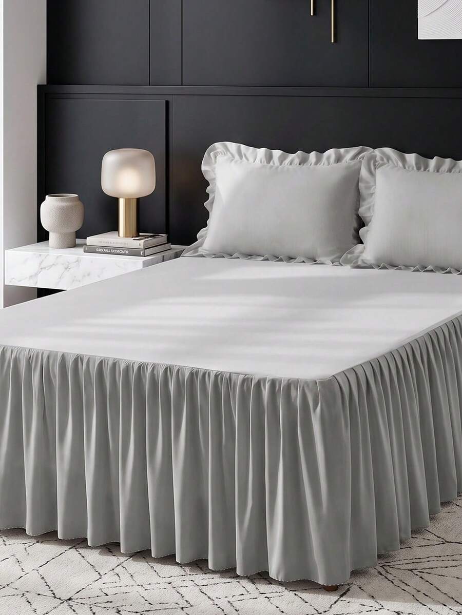 1pc Grey Bed Skirt Bed Cover Bed Sheet, Cozy Room Decor Home Textile, Ruffle Hem With Elastic Corner Straps, Soft Breathable Comfortable, Suitable For Twin/Full/Queen/King Size Bed, All Season Use, Machine Washable, Mattress Protector