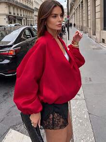 Women's Woven Draped Open Front V-Neck Short Jacket, Street Date Urban Outing, 2026 Autumn/Winter Dopamine Style - Red - View 2