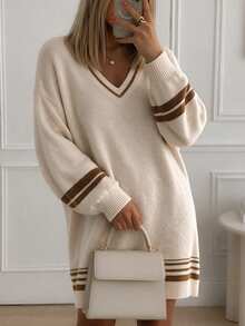 SEREN Women's V-Neck Knit Dress, Loose Casual Long Sleeve Pullover, Suitable For Autumn/Winter - Apricot - View 1