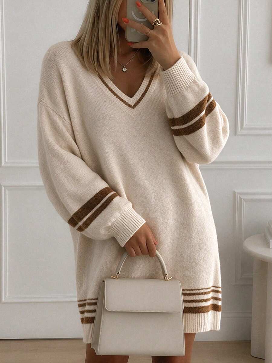 SEREN Women's V-Neck Knit Dress, Loose Casual Long Sleeve Pullover, Suitable For Autumn/Winter - Apricot - View 1