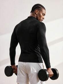 Driftmere Mens Black Half Zip Compression Shirt, Long Sleeve Fitted Workout Top, Lightweight Breathable Gym Running Sports Casual Tee - Black - View 2