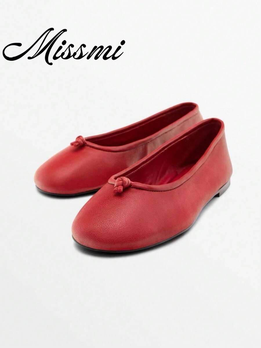 2026 Spring/Summer New Women's Bow Decor Ballet Flats - Red - View 1