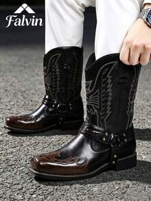 Men's Western Cowboy Boots, High-Top Leather Riding Boots, Black & Brown Retro Contrast Color Bird Embroidery Mid-Calf Boots, Square Toe Chunky Heel, Rivet Lace-Up Decor, Suitable For Streetwear, Party, Daily Western Style Looks, Durable And Comfortable For Daily Outings And Outdoor Use All Season, Fashionable Versatile Boots - Black - View 9