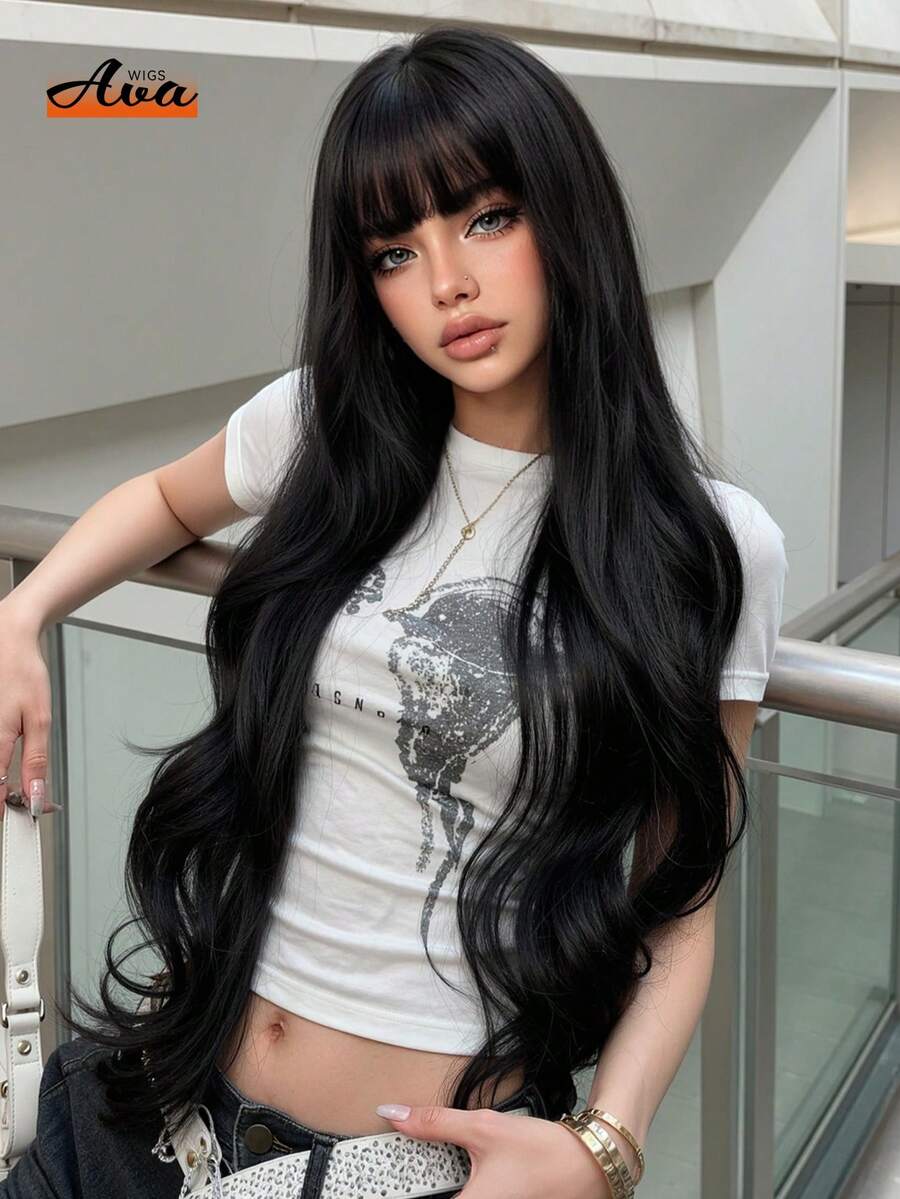 Topshe 30 Inch Shiny Solid Black Extra Long Wavy Wig, Flowy Inward Layered Ends & Full Flat Bangs, Anti-Frizz Smooth Synthetic Hair, Flexible Wearable Cap, Great For Hairstyle Upgrade, Role Play, Photo Shoot, Timeless Elegant Hair Wig