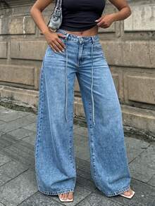 Vintage Blue Wide Leg Jeans Loose Fit Slimming Drape Non-Clinging Flare Pants Casual Daily Wear - Medium Wash - View 5