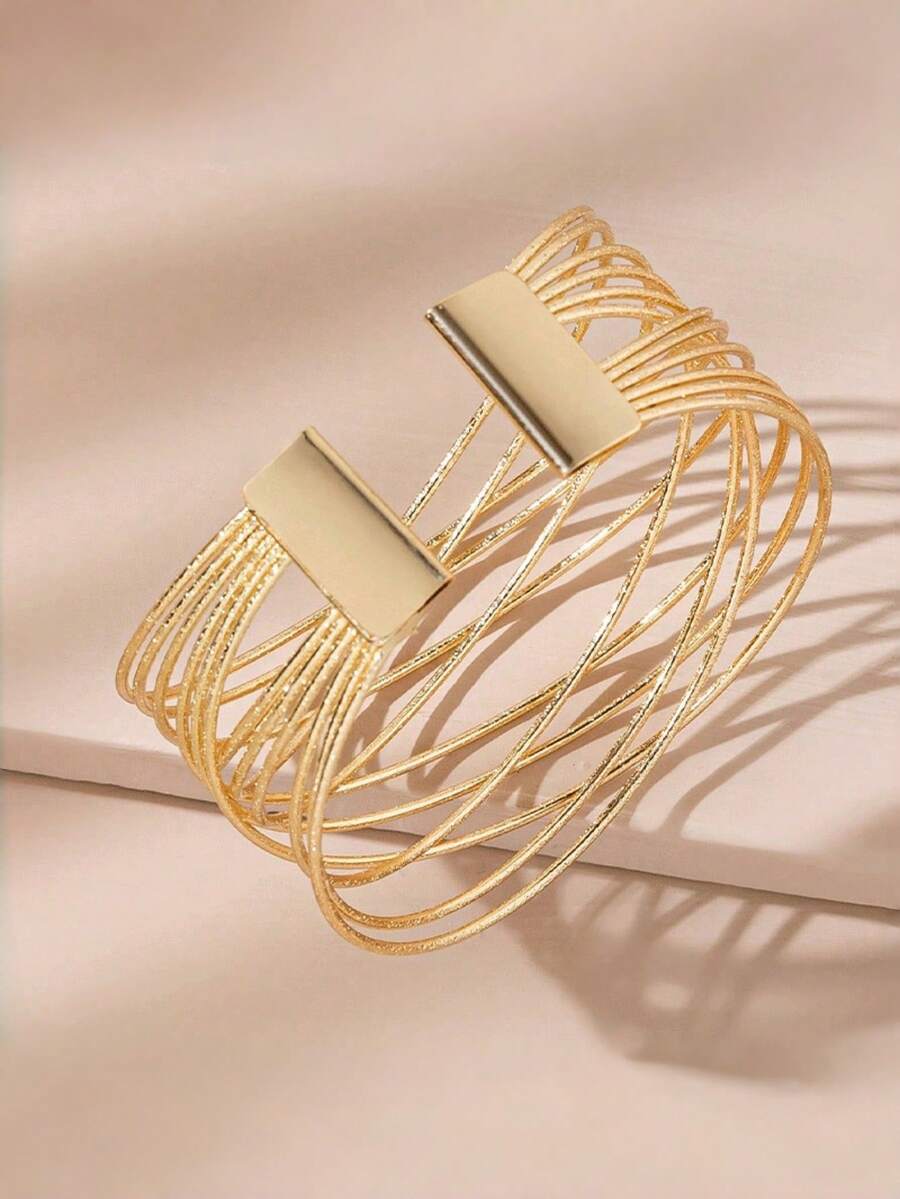 1pc Minimalist Multi-Layer Geometric Hollow Metal Bracelet, Suitable For Women's Daily Wear - Yellow Gold - View 1