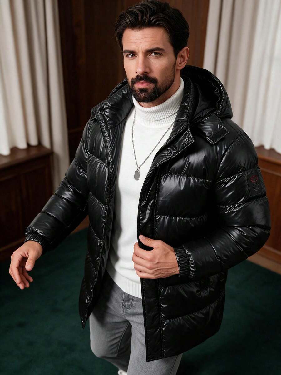 Men's Winter Solid Color Minimalist Detachable Hooded Shiny Leather Mid-Length Padded Coat - Black - View 1