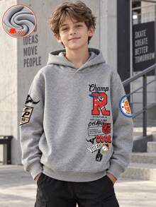1pc Tween Boy Thermal Lined Thick Warm Sweatshirt, Young Student Clothing, Suitable For Kids Autumn/Winter Long Sleeve Top - Grey - View 2
